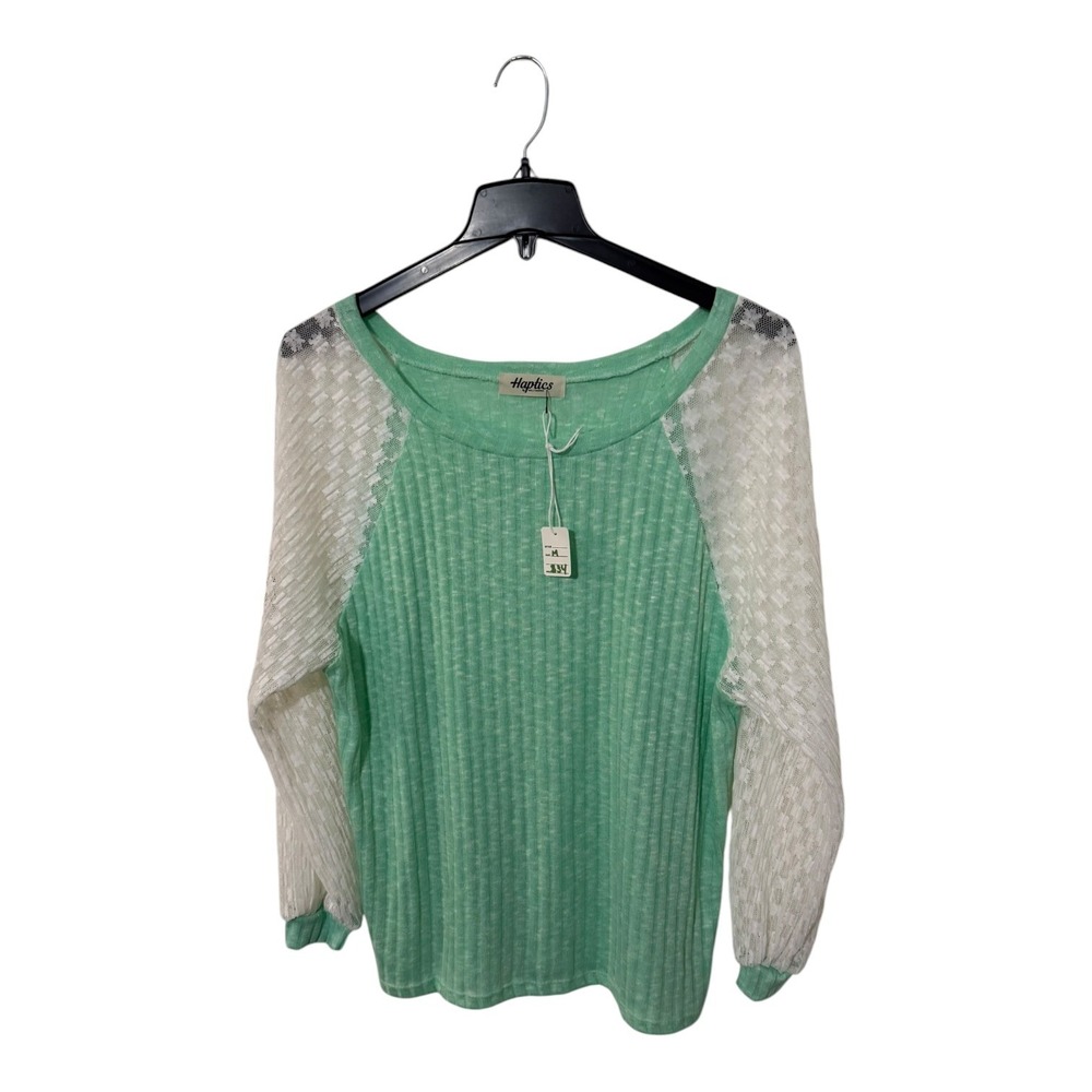 Haptics Mint Green Ribbed Top White Lace Raglan Long Sleeve HT2204A Womens Med